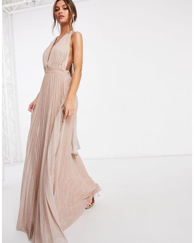 Goddiva – Tief ausgeschnittenes, plissiertes Maxikleid - Pink