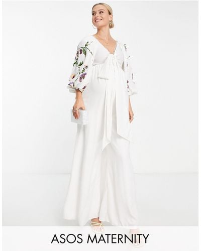 ASOS Maternity Occasion Big Sleeve Tie Front Wide Leg Jumpsuit With Embroidery - White