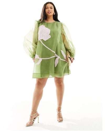 ASOS Curve Applique Floral Volume Sleeve A-line Mini Dress - Green
