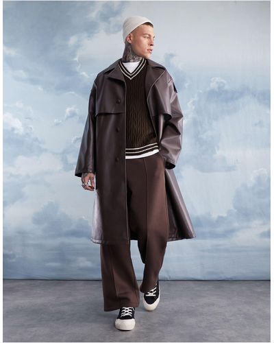 ASOS Trench-coat en imitation cuir ultra oversize - marron - Bleu
