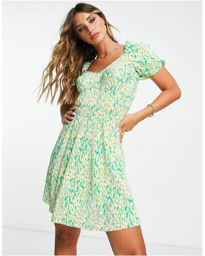 ASOS Plisse Mini Tea Dress With Short Sleeve And Waist Detail - Green