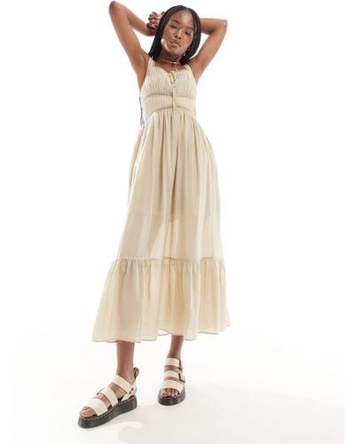 ASOS Maxi Prairie Sundress With Lace Trim And Ruching Detail - Natural