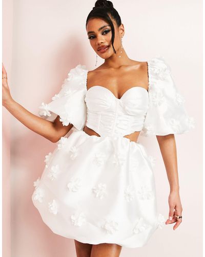 ASOS Sweetheart Corsetted Puff Sleeve Mini Dress With 3d Flowers - White