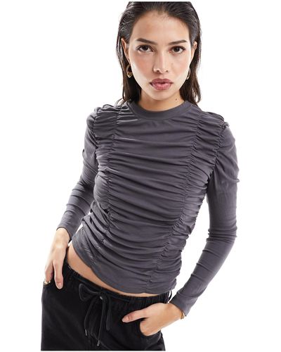 Object High Neck Ruched Long Sleeve Jersey Top - Gray