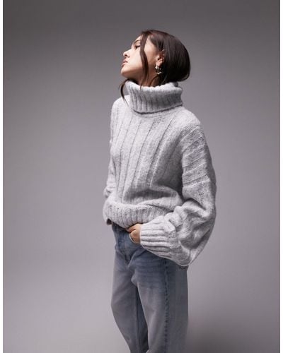 TOPSHOP Knitted Roll Neck Wide Rib Sweater - Grey