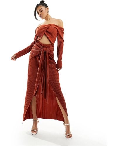 ASOS Plisse Bardot Twist Front Midi Dress - Red