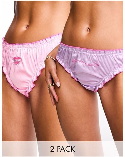 ASOS 2 Pack Too Cute Embroidered Satin Scrunch Thong - Pink