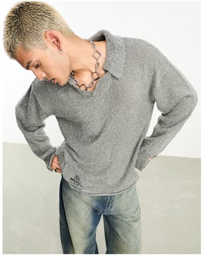 Reclaimed (vintage) Knitted Polo Sweater With Distressing - Grey