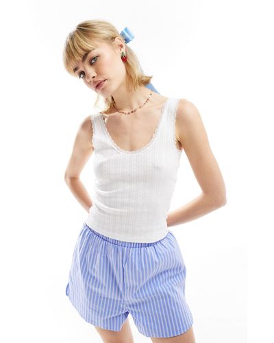 Monki Pointelle Scoop Neck Vest Top With Lace Trim - White