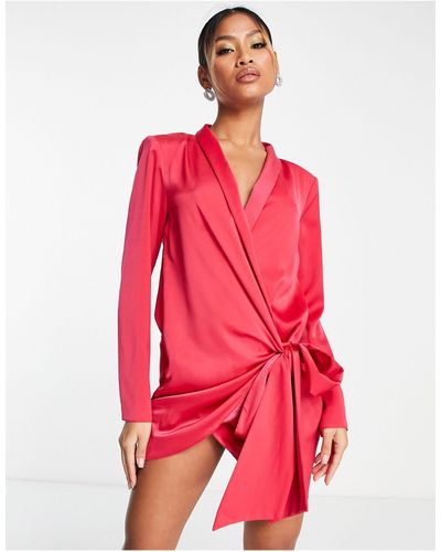 ASOS Satin Tie Side Long Sleeve Mini Dress With Collar - Red