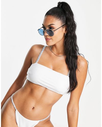 ASOS Coppe grandi - top bikini corto con spalline con strass - Bianco