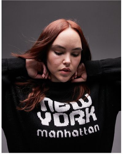 TOPSHOP Curve - maglione lavorato monocromatico con scritta new york - Nero
