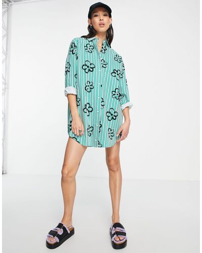 Collusion Stripe Shirt Dress With Floral Print - Blue
