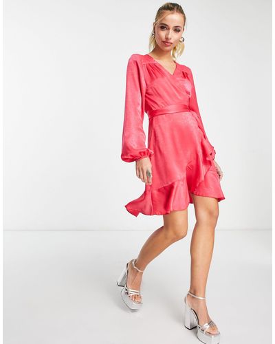 Flounce London Satin Wrap Front Mini Dress With Balloon Sleeve - Pink