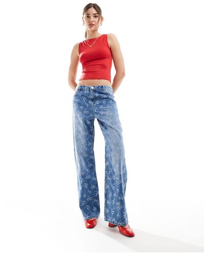 Bershka Cherry Bow Embroidered Wide Leg Jeans - Blue