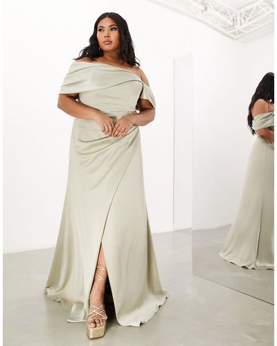 ASOS Asos Design Bridesmaid Curve Satin Bardot Drape Wrap Maxi Dress - White