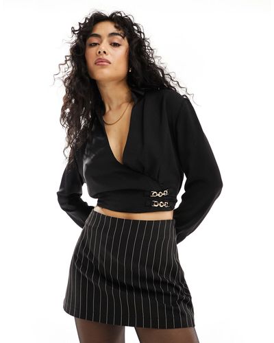 Pimkie Wrap Front Cropped Blouse With Chain Detail - Black