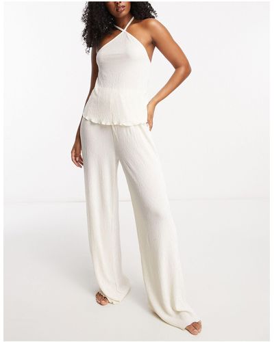 Loungeable Crinkle Velour Halter And Wide Leg Pants Pajama Set - White