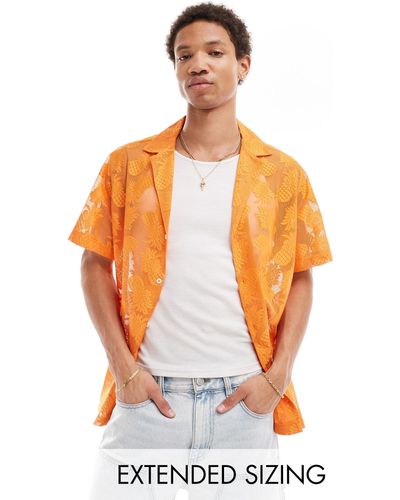 ASOS Short Sleeve Deep Revere Collar Pineapple Lace Shirt - Orange