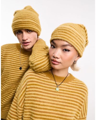 Collusion – unisex – flauschige oversize-strickmütze mit streifen - Gelb