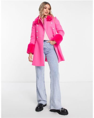 Miss Selfridge Faux Fur Collar And Cuff Dolly Coat - Pink