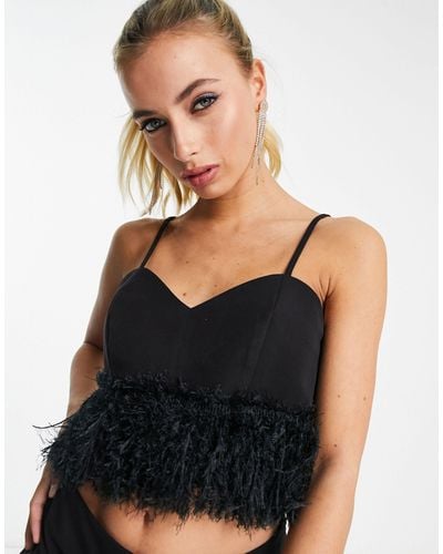 Twisted Wunder Cami Crop Top With Faux Feather Hem - Black