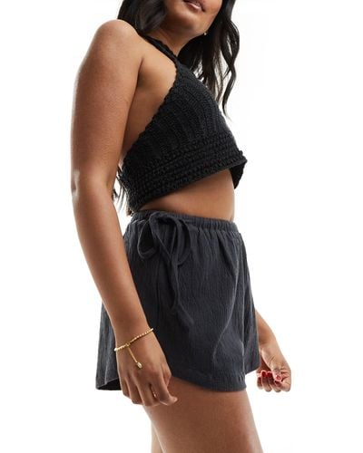 ASOS Textured Tie Side High Low Shorts - Black
