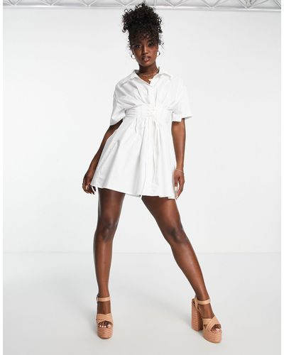 Urban Revivo Cinched Waist Mini Shirt Dress - White