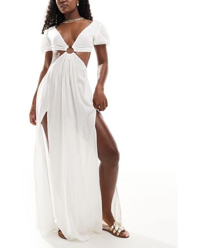 ASOS Puff Sleeve Cut Out Maxi Beach Dress With Ring Detail - White