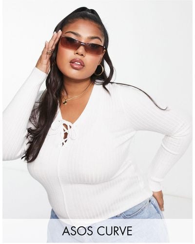 ASOS Asos Design Curve Knitted Top With Lace Up Detail - White