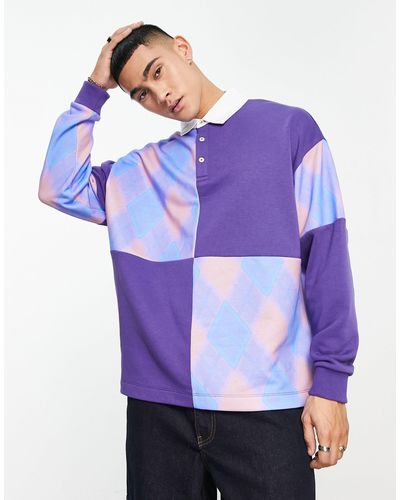 ASOS Oversized Rugby Polo Sweatshirt With Check Panelling - Purple