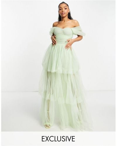LACE & BEADS Exclusive Off Shoulder Tulle Tiered Maxi Dress - Green