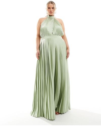 Tfnc Plus Bridesmaid Satin Pleated Halter Neck Maxi Dress With Full Skirt - Green