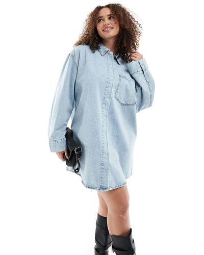 ASOS Asos Design Curve Denim Mini Shirt Dress With Front Pockets - Blue