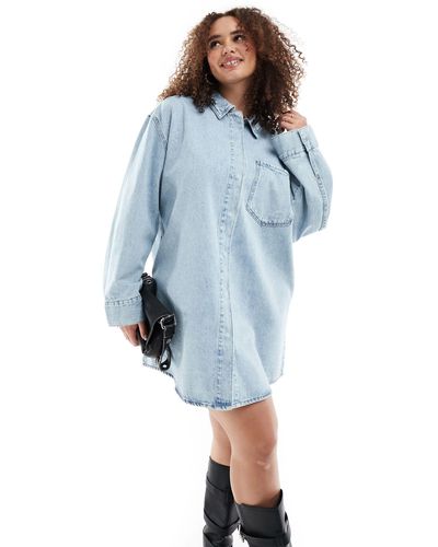 ASOS Asos design curve - vestito camicia corto di jeans lavaggio candeggiato con tasche sul davanti - Blu