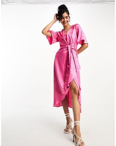 Y.A.S Bridesmaid Jacquard Satin Kimono Midi Dress - Pink