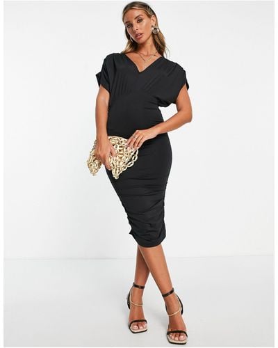 French Connection Drop Shoulder Slinky Ruched Midi Dress - Black