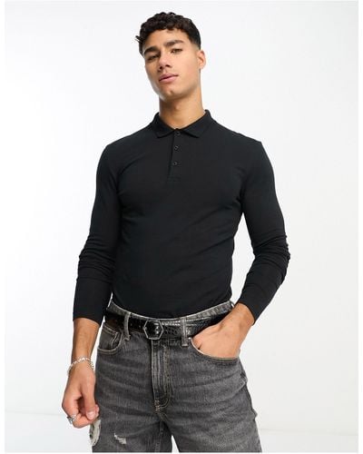 ASOS Long Sleeve Muscle Fit Polo - Black