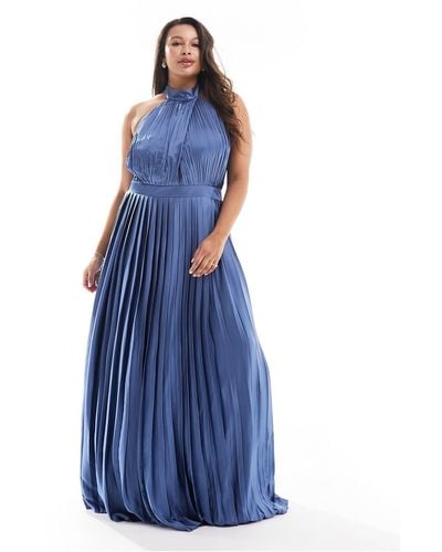 Tfnc Plus Bridesmaid Satin Pleated Halterneck Maxi Dress With Full Skirt - Blue