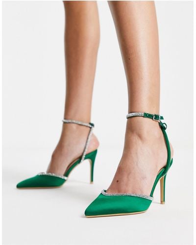 New Look Satin And Diamante Mid Heel Shoes With Ankle Strap Detail - Green