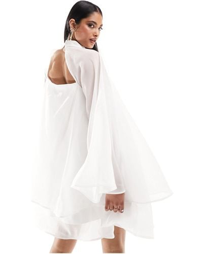 Y.A.S Bridal Sheer Floaty Mini Dress With exaggerated Sleeves - White