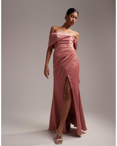 ASOS Bridesmaid Satin Off The Shoulder Drape Wrap Maxi Dress - Red