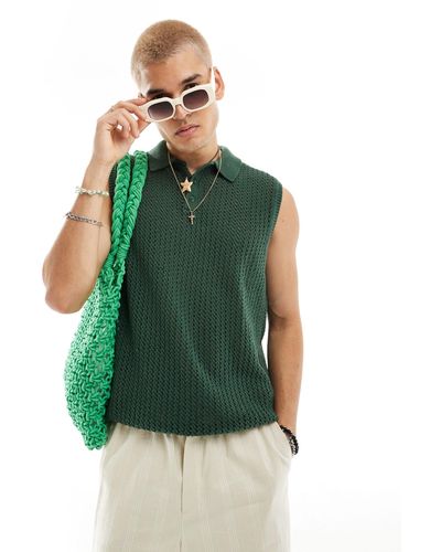 ASOS Knitted Pointelle Polo Vest - Green