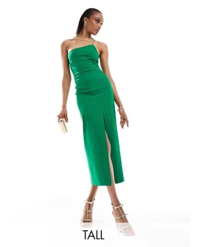 Vesper One Shoulder Spaghetti Strap Thigh Split Midaxi Dress - Green