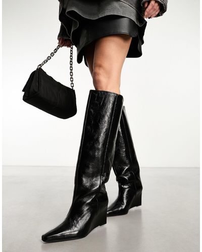 ASOS Cali Premium Leather Wedge Knee Boots - Black