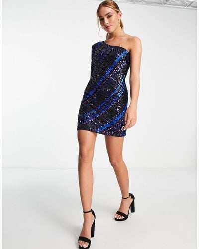 Miss Selfridge Premium Sequin One Shoulder Long Sleeve Mini Dress - Blue