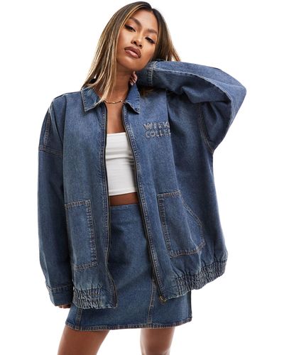 ASOS Denim Bomber Jacket With Logo - Blue