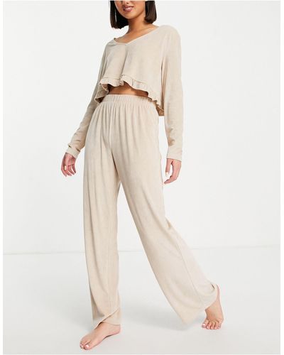 Miss Selfridge Ribbed Velour Crop Top And Trouser Pyjama Set - Natural