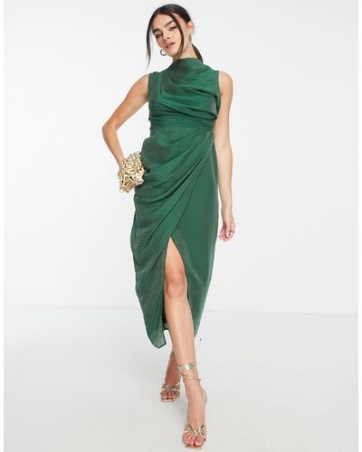 ASOS Drape Midi Dress With Wrap Skirt - Green
