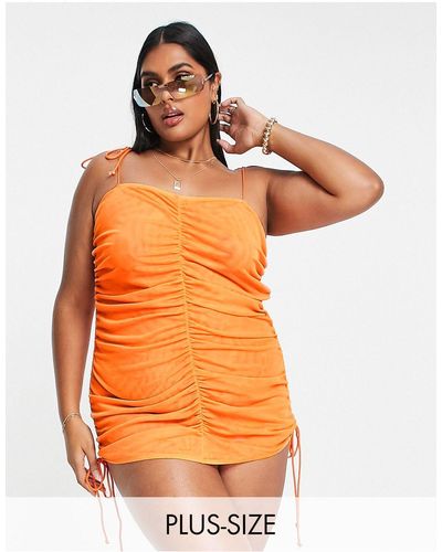 We Are We Wear Plus Overlay Mesh Swimsuit With Ruching - Orange